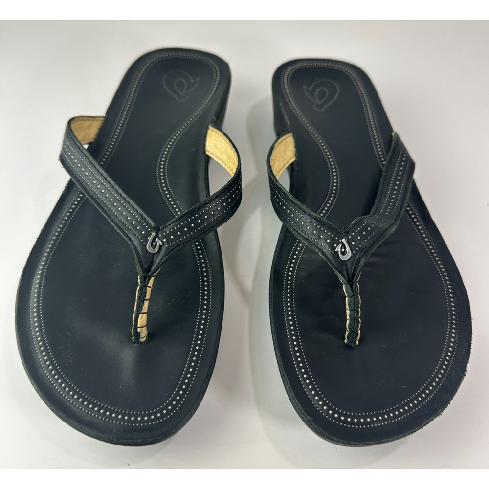 Olukai Ola Full Grain Leather Flip Flops Black Slides Women's Size 10 Sandals - Picture 2 of 14